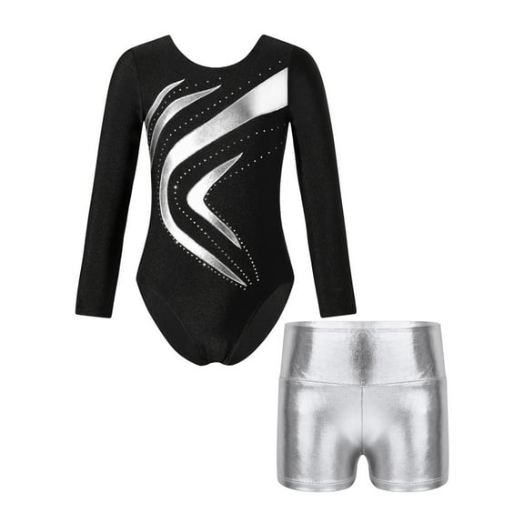 iEFiEL Kid Girls Dance Leotard with Shorts Gymnastics Ballet Suit Long Sleeve Fitness Workout Outfit Silver 8
