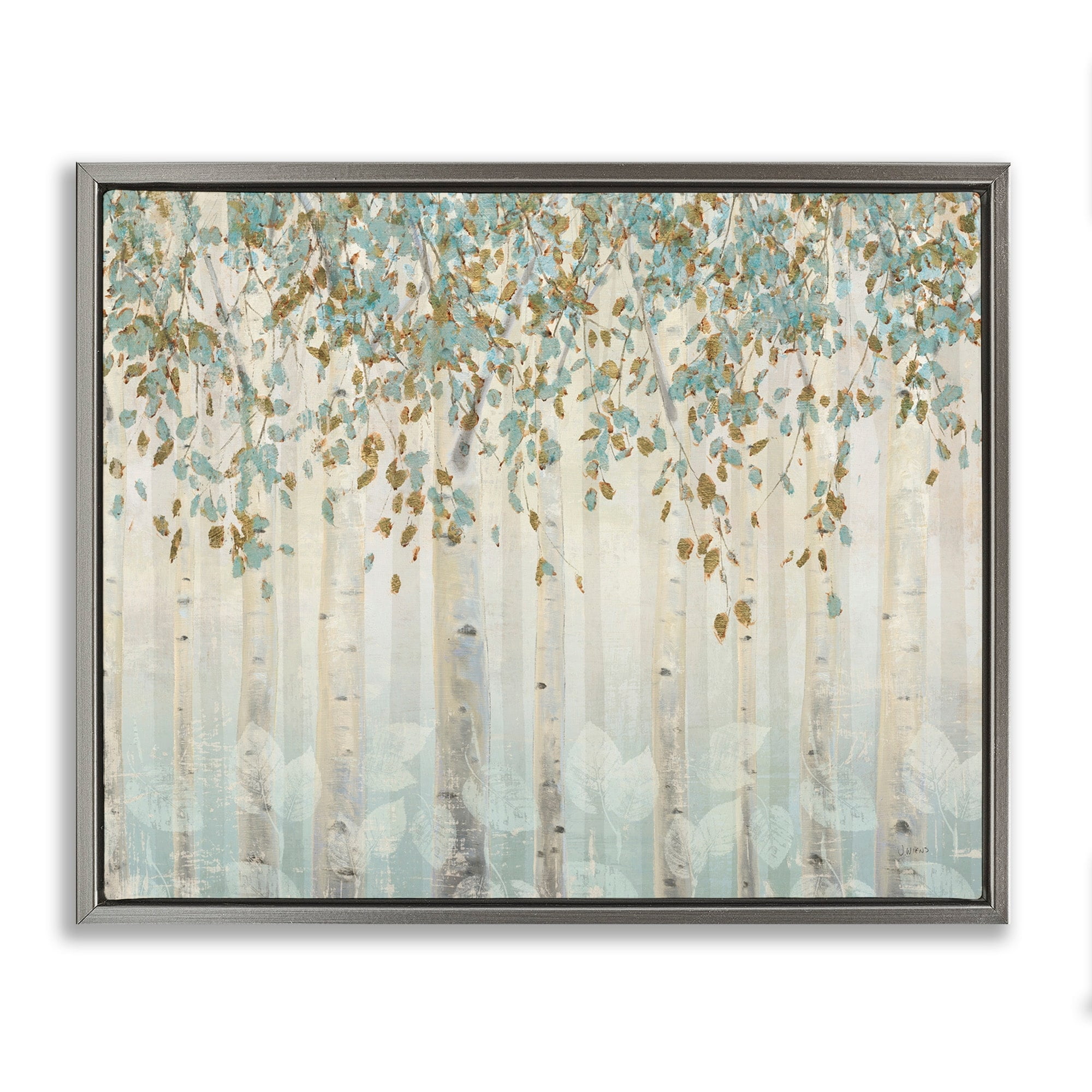 Stupell Industries Abstract Forest Leaves Trees Blue Tan Soft Painting Luster Gray Framed Floating Canvas Wall Art, 16x20, by James Wiens