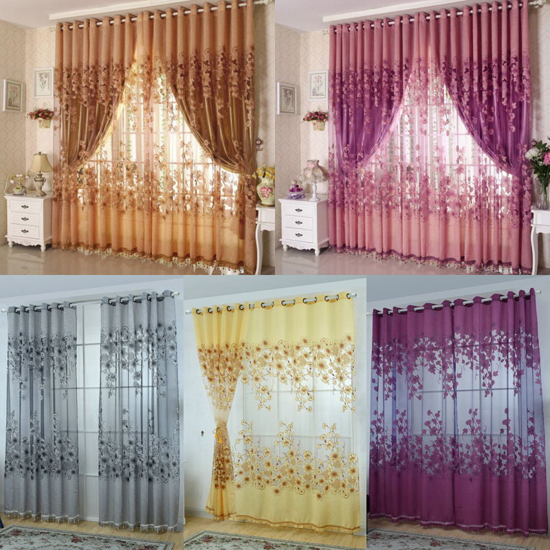 Flower Tulle With Bead Room Door Blackout Window Curtain Drape Panel Sheer Scarf 