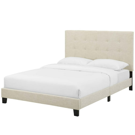 Contemporary Modern Urban Designer Bedroom Full Size Platform Bed Frame, Fabric, Beige