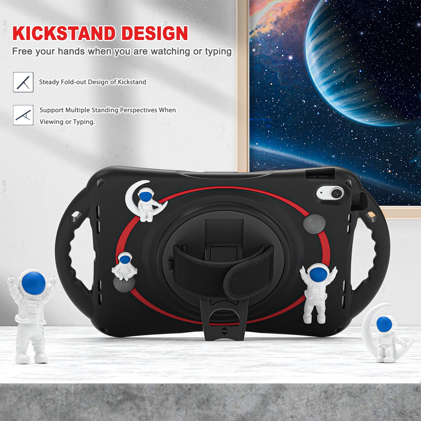 Dteck for iPad 6th/5th Gen Case 9.7 Inch for Kids, iPad Air 2 Case, iPad Air Case Child-Proof Heavy Duty Kids Case with Pencil Cap Holder Kickstand Rotating Hand Strap Carrying Strap, Black