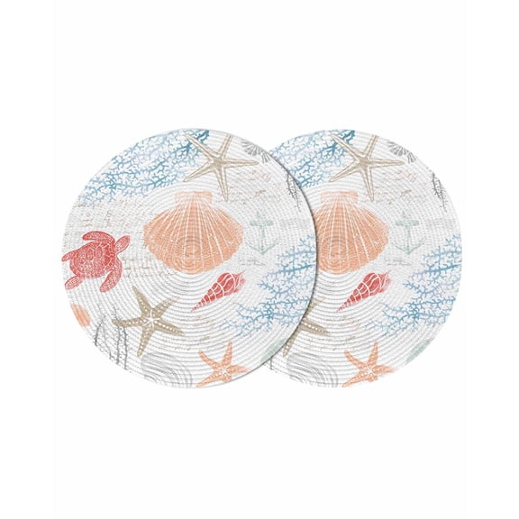 Orange Red Blue Coastal Nautical Round 13 Inch Placemats Set of 2,Beach Sea Turtle Ocean Coral Starfish HeatResistant Non Slip Place Mats for Dining Table,Wipeable Kitchen Table Mats for Housewarming