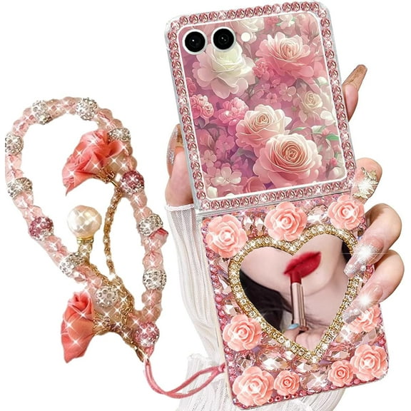 for Samsung Galaxy Z Flip 7 Bling Case Diamond Flower 3D Sparkle Glitter Crystal Rhinestone Pearl Cute Love-Heart Mirror Wrist Bracelet Lanyard Cover for Girls Women for Galaxy Z Flip 7,Pink