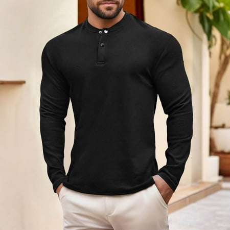 Tauxra Long Sleeve T-Shirts for Men Long Sleeved Round Neck Button Down Velvet Base Layer Top Men s Solid Color T-Shirt