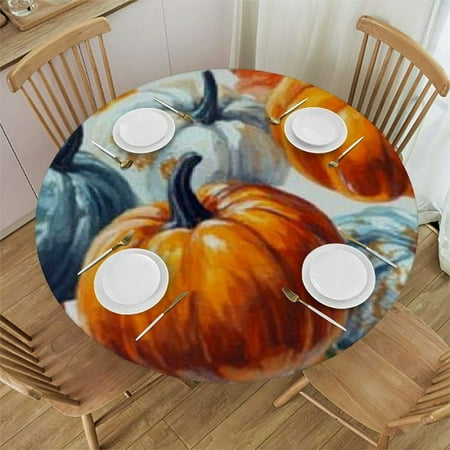 

Tllo0ord Round Fitted Table Cover for Dining Tables Elastic Edged Tablecloth Thanksgiving Fall Blue Pumpkins Waterproof Oil Proof Tables Cover Cloths for Kitchen Watercolor Maple Leaves Seamless