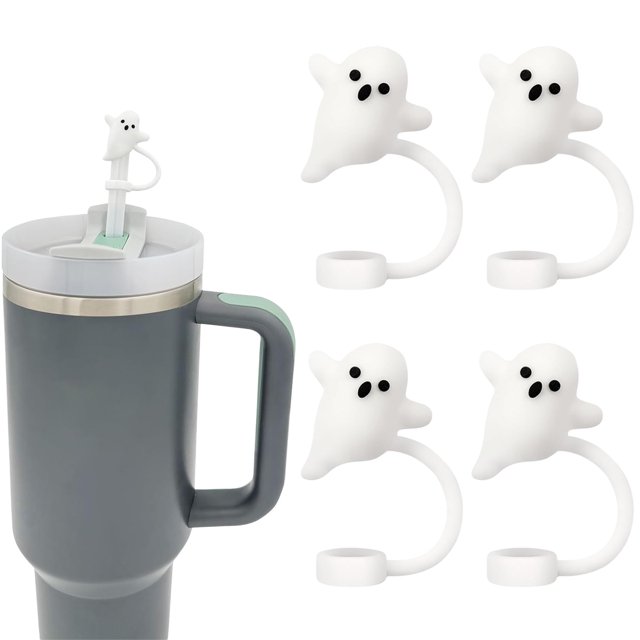 Bonitas tapas con forma de fantasma para pajitas, compatibles con Stanley Cup de 30 y 40 oz, 4 pajitas reutilizables de silicona, accesorios divertidos para vasos