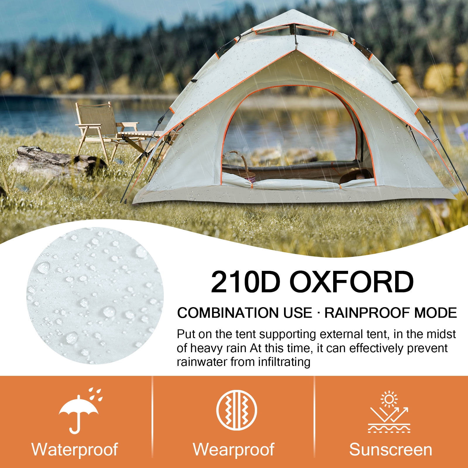 TOPCHANCES Instant Pop Up Tent 3-4 Person Family Camping Tent Easy Set Up Tent Portable Waterproof Dome Tent with Camping Lamp for Camping Hiking & Traveling, Beige #B