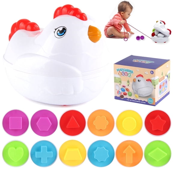 Easter Eggs Toys for Toddlers, 12 Pcs Montessori Matching & Stacking Learning Educational Set, Push Pull Chicken Carton, Shape Color Sorting Fine Motor Sensory Gift for Boys Girls,Shape