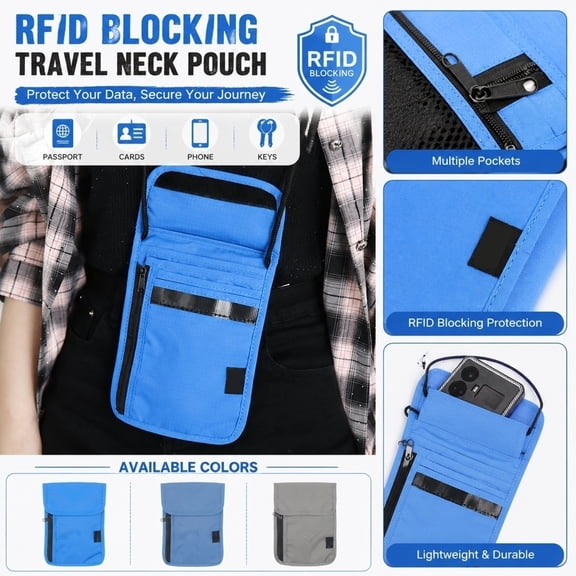 Travel Pouch, Rfid Passport Holder for Travel, Travel Document Organizer, Neck Wallet, Rfid Blocking Wallet, Gray 11X6 Inch Hidden Hanging Lanyard Chest Pouch That Blocks