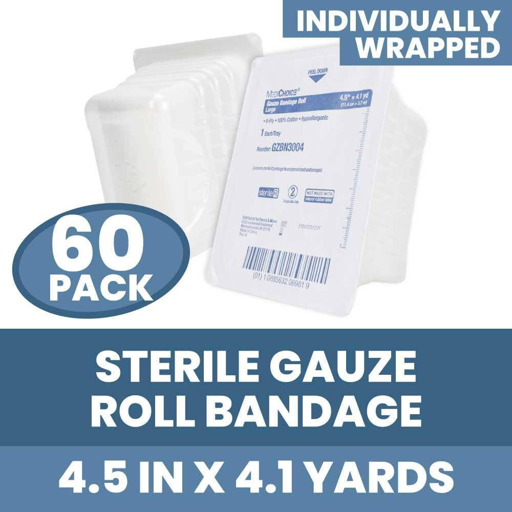 Sterile Gauze Rolls [60 Rolls] - 4.5” x 4.1 Yards Rolls, 100% Cotton Wound Dressing Sterile Wraps, 6 Ply Individually Wrapped Weaved Bandage, Highly Absorbent First Aid Gauzes