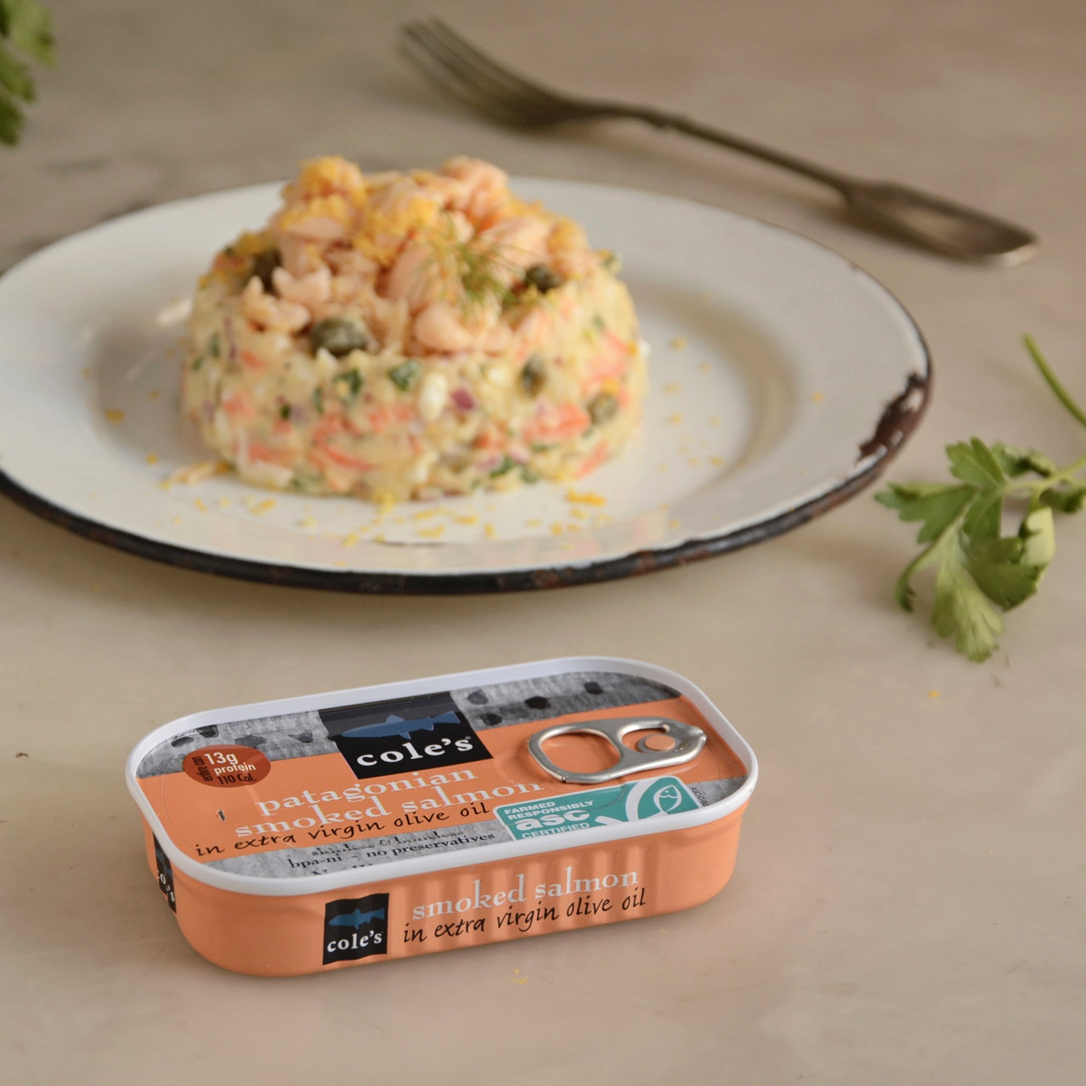 (2 pack) Cole’s Patagonian Smoked Salmon in Extra Virgin Olive Oil 3.2 oz – Fish Fillet, High Protein, Canned, Skinless, Boneless, Gluten-Free