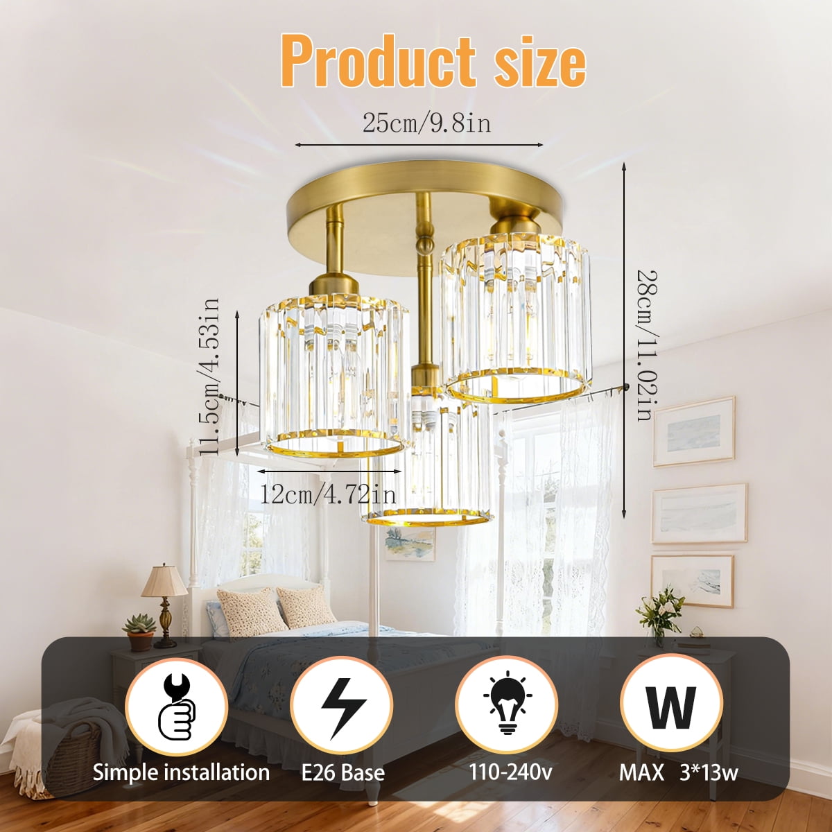 Crystal Semi Flush Mount Ceiling Light, 3-Light Close to Ceiling Light Fixtures, Modern Light Fixtures with Clear Crystal Shade, for Hallway Foyer Entryway Bedroom Kitchen, Gold