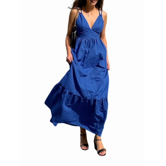 Women's V Neck Maxi Dresses Line Tiered Flowy Sleeveless Swing Travel Sundress Dress for Summer Casual Beach Blue S