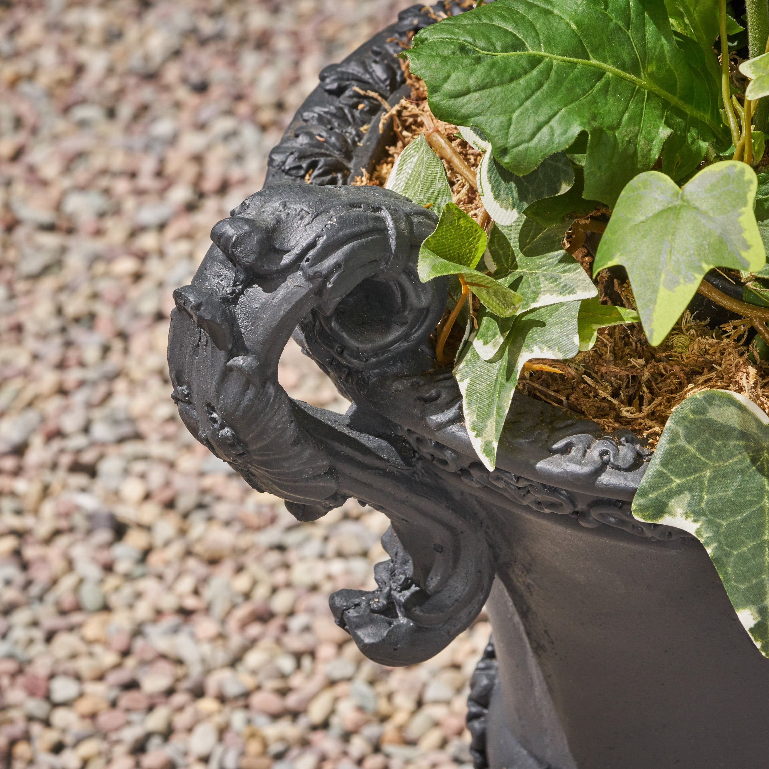 GDF Studio Upsal Outdoor Traditional Roman Chalice Cast Stone Garden Urn Planter, Black