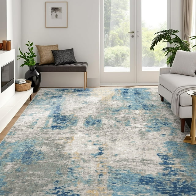 Area Rug 6x9, Deerly Modern Abstract Area Rug, Rugs for Living Room, Dining Room Rug, Washable Rug 6x9, Large Bedroom Rug with Non Slip Rubber Backing for Living Dining Room Office, Blu