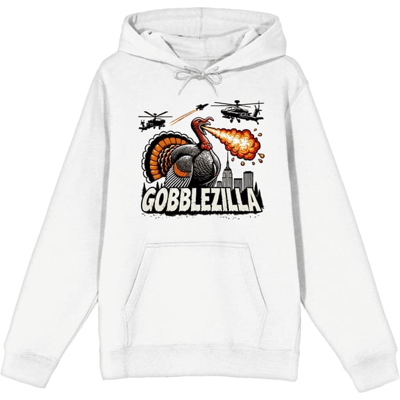 Turkey Gobblezilla Adult White Long Sleeve Hoodie-Medium
