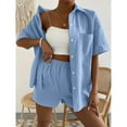 thumbnail image 3 of Virmaxy Womens Stylish Outfit 2 Piece Set Summer Cotton Linen Solid Color Two-Piece Suit (Short Sleeve + Shorts) Fashion Summer Solid V-Neck Button Casual Short Sleeve Top+ Pant Set Light Blue M, 3 of 8