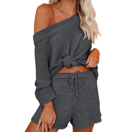 

Yobecho Women s 2-piece Off Shoulder Knit Top Casual Pajama Set