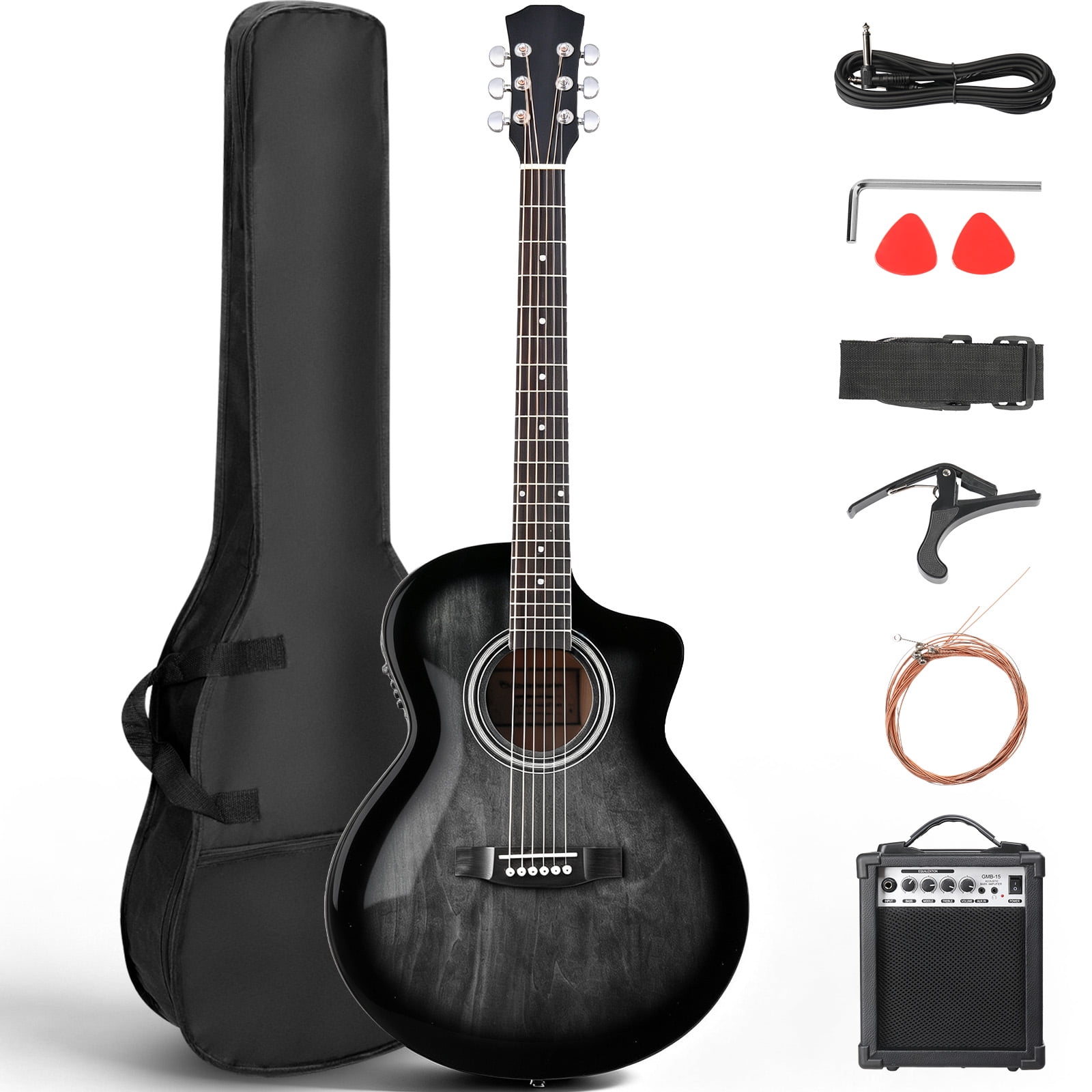 Ktaxon KMA102 41 Inch JF Cutaway Acoustic Electric Guitar, Basswood Guitar with 15W Built-in Speaker, EQ Control, Gloss Black