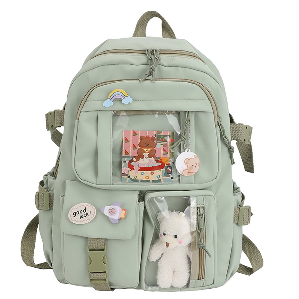 CNKOO Kawaii Backpack Lovely Pastel Rucksack for Teen Girls Aesthetic Student Bookbags with Kawaii Pin and Cute Accessories Green