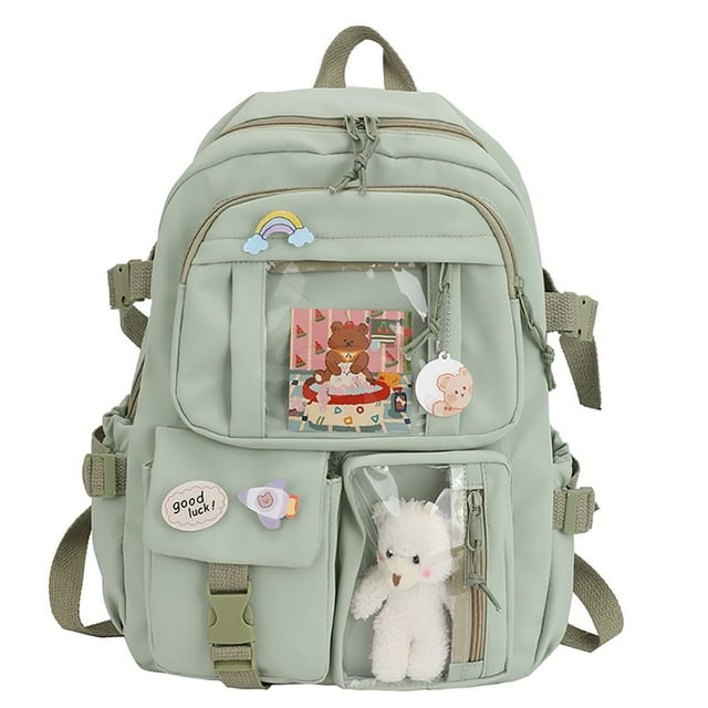Cute Women Backpack Preppy Multi-Pocket Nylon Schoolbag Book Bags (Green)