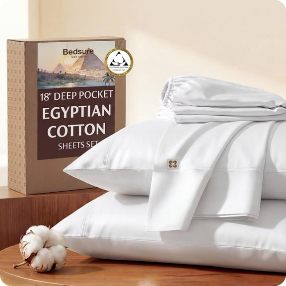 100% Egyptian Cotton Sheets King Size 18 Deep Pocket with 4 Corner Straps White