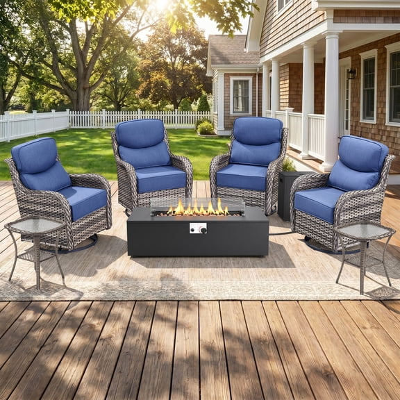 Jentlehouse 7-Piece Patio Fire Pit Set with 6'' Thick Cushion Swivel Gliding Chair and Side Table,Outdoor Conversation Set with Firepit Table,Hidden Tank for Balcony Deck Yard