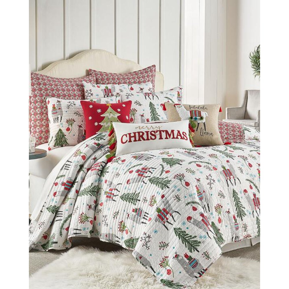 Merry Christmas Trees & Llamas Holidays Twin Quilt & Sham Set (2 Piece