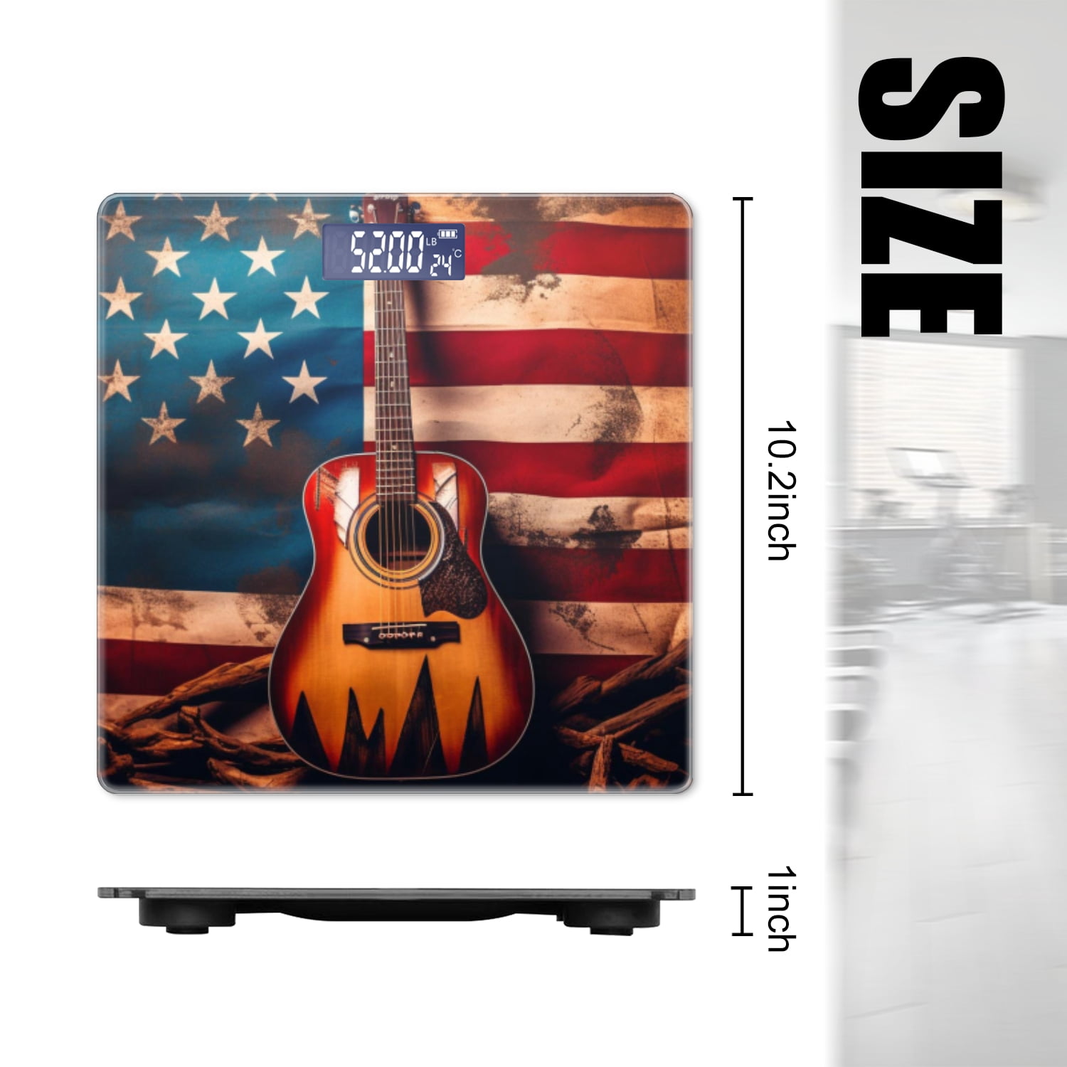 High Precision Body Weight Scale Smart Bathroom Scales with Large LCD Display(400lbs),Decorative for Bedroom-Acoustic Guitar With American Flag Background