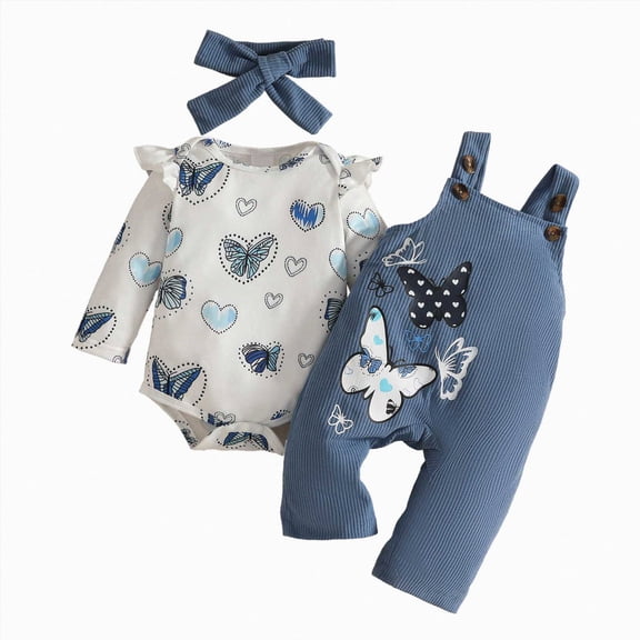 masbird Newborn Baby Girls Clothes Infant Fall Winter 3pcs Outfits Long Sleeve Ribbed Romper Floral Pants Headband Sets,Blue,9-12 M