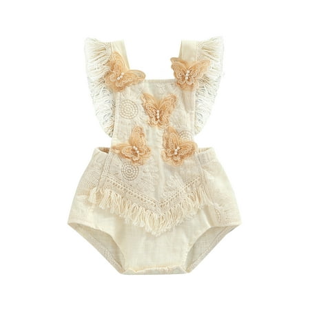 

Frobukio Infant Baby Girls Summer Patchwork Romper Sleeveless Lace Tassel Butterfly Crochet Tie Up Playsuit Apricot 6-12 Months