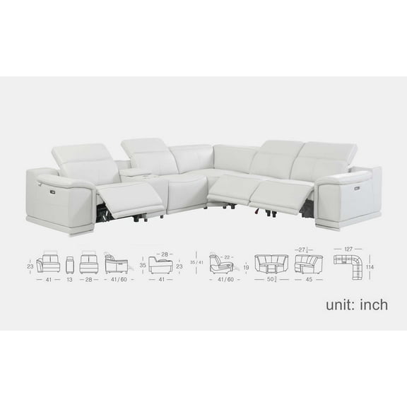 Mofit Home,Living Room,Cindy 6PCS Modern Motion Reclining Sectional with Console,USB,Manuel Adjustable Headrest,Power Recliner,White