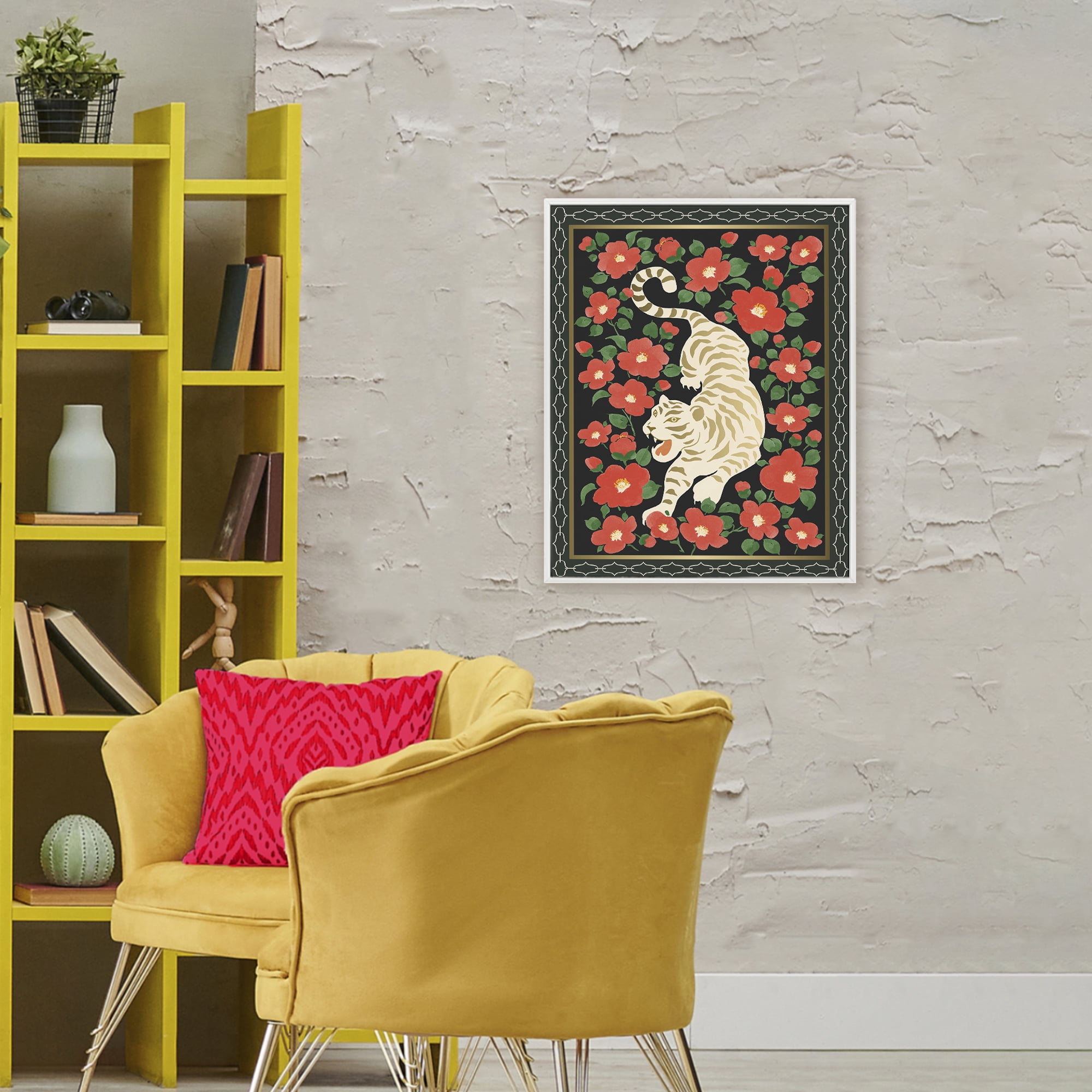 Stupell Industries Ivory Tiger Among Camelias White Framed Giclee Art, design by Karolina Sato