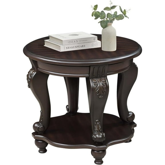 Round End Table for Living Room, Solid Wood Sofa Side Table with Shelf, Retro Corner Table for Office Small Space (22" W x 19.5" D x 20.5" H, Espresso)