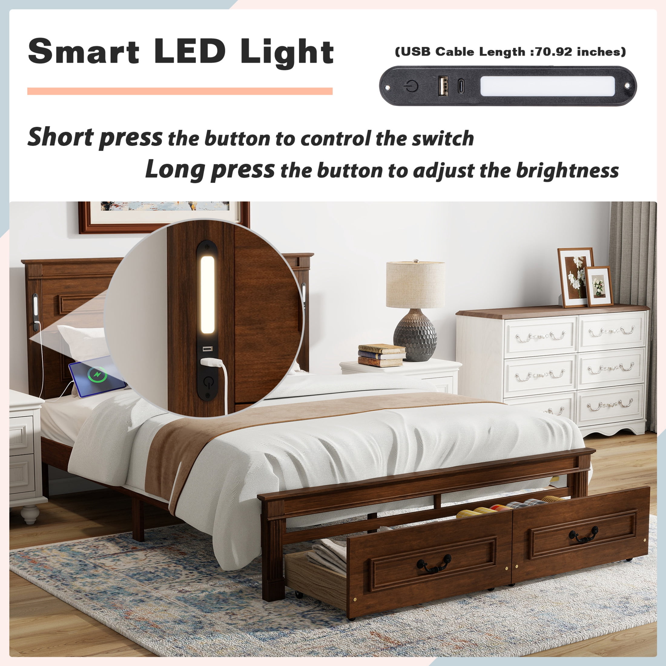 Noble House Corneille Queen Farmhouse Bed with LED Headboard, USB Charging Station, Storage Drawers, Pine Wood, Walnut
