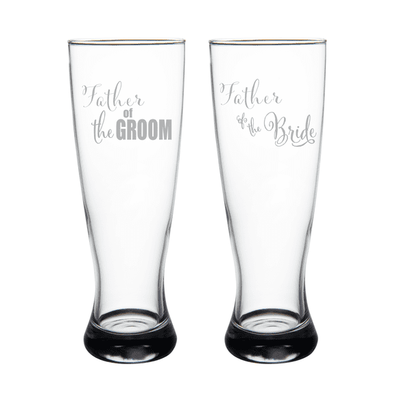 C&M Personal Gifts 23 oz Father of the Groom and Bride Etched Pilsner Beer Glasses set of 2 - Gift for Dads for Weddings Engagements