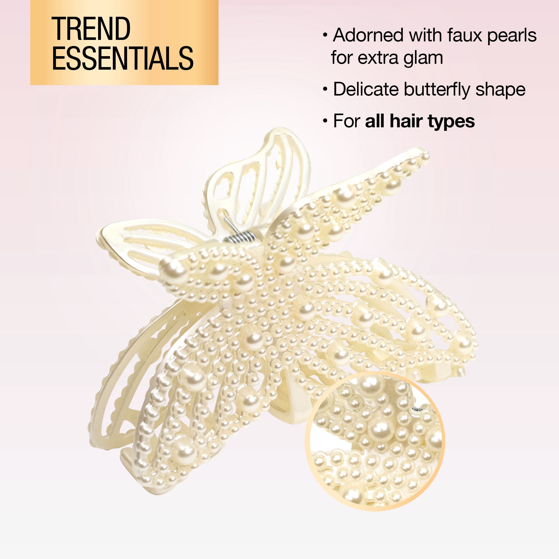 (3 pack) Scunci Faux Pearl Butterfly Claw Clip, Pearl, 1 Count