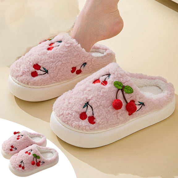 Weloille Cotton Slippers For Women In Winter Cute Cherries Internet ity Home Shoes Indoor Home Warm Thick-Soled Avoid Slipping Slippers