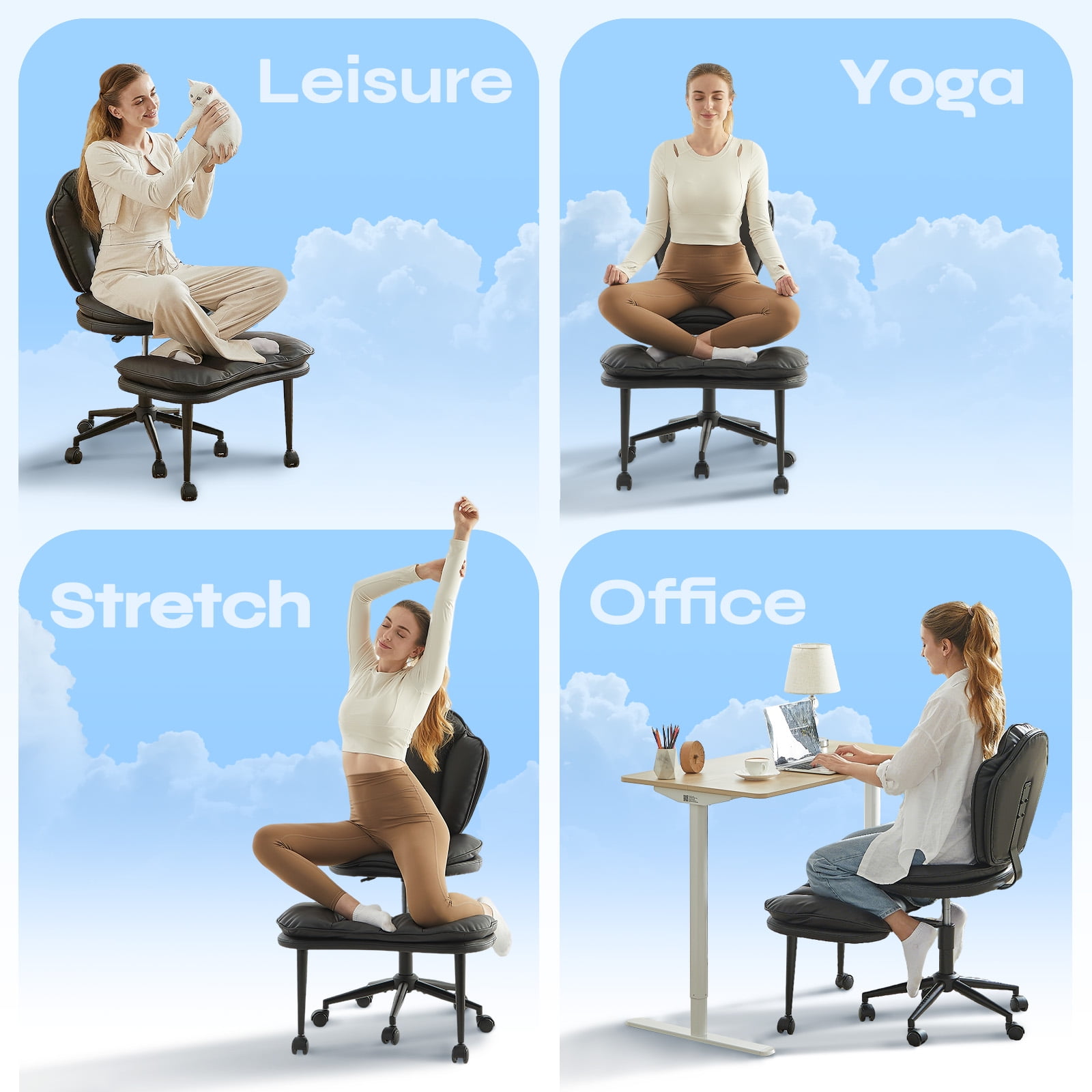 Pinmoco Ergonomic Cross Legged Chair, Cloud Comfort Wide Seat Desk Chairs for Adhd,Meditation ,Yoga and Home Office with Strong Lumbar Support, Black