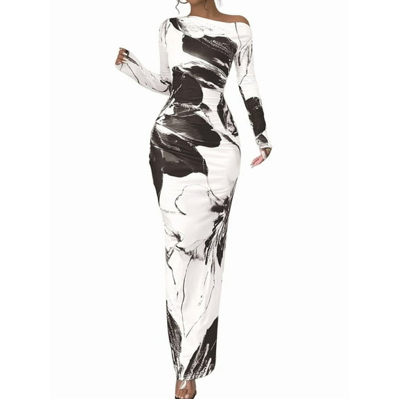 Women'S Bodycon Maxi Dress Fall Spring Fashion Long Sleeve Floral Print Tight Fitted Party Club Ruched Dresses Black XXL