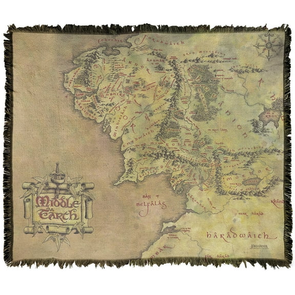 The Lord of The Rings Blanket, 50'x60' Map of Middle Earth Woven Tapestry Cotton Blend Fringed Throw Blanket