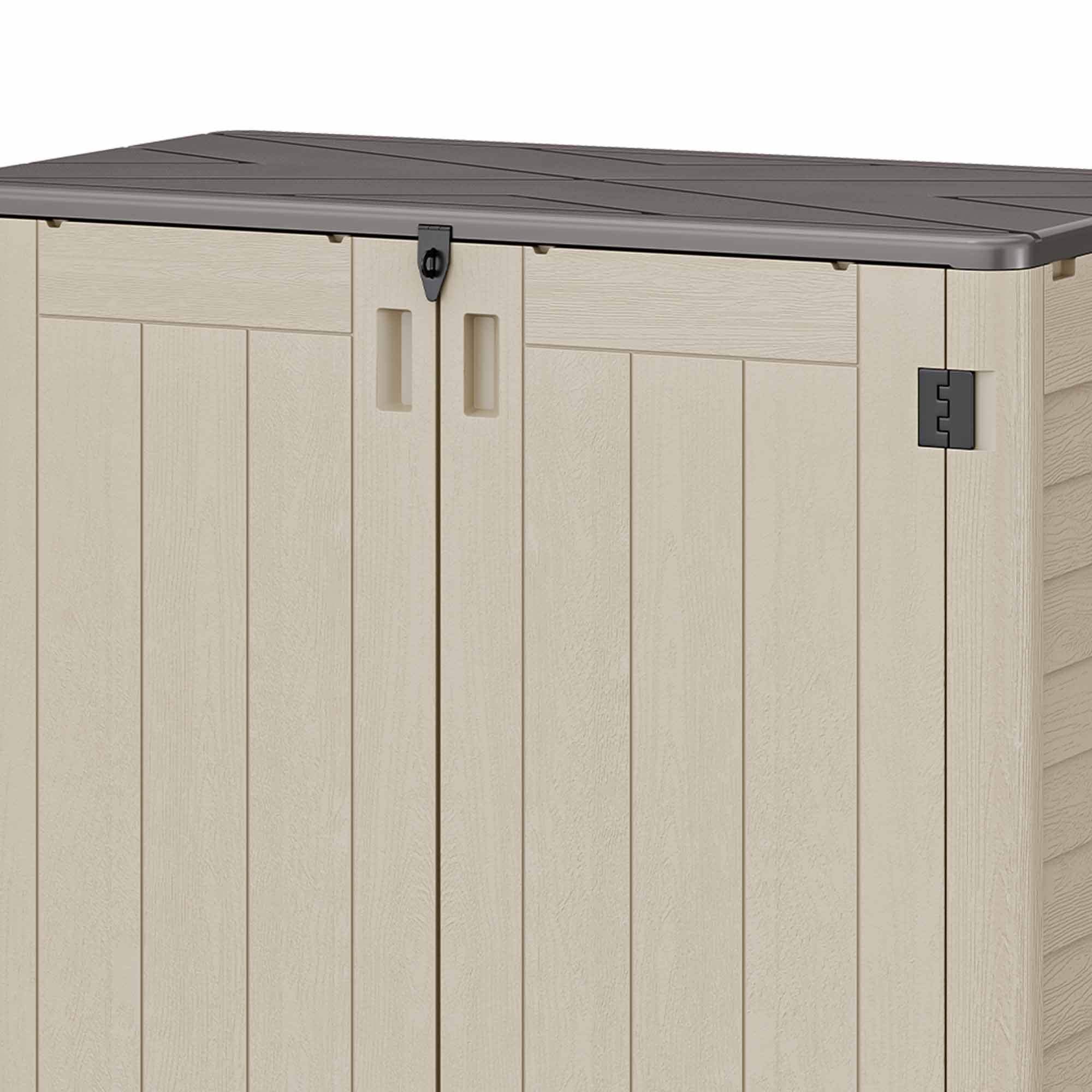 Craftian Vertical Resin Outdoor Storage, 50 cubic feet w/ Shelving for Garden Garage Poolside, Locking Capability, (Khaki & Brown)