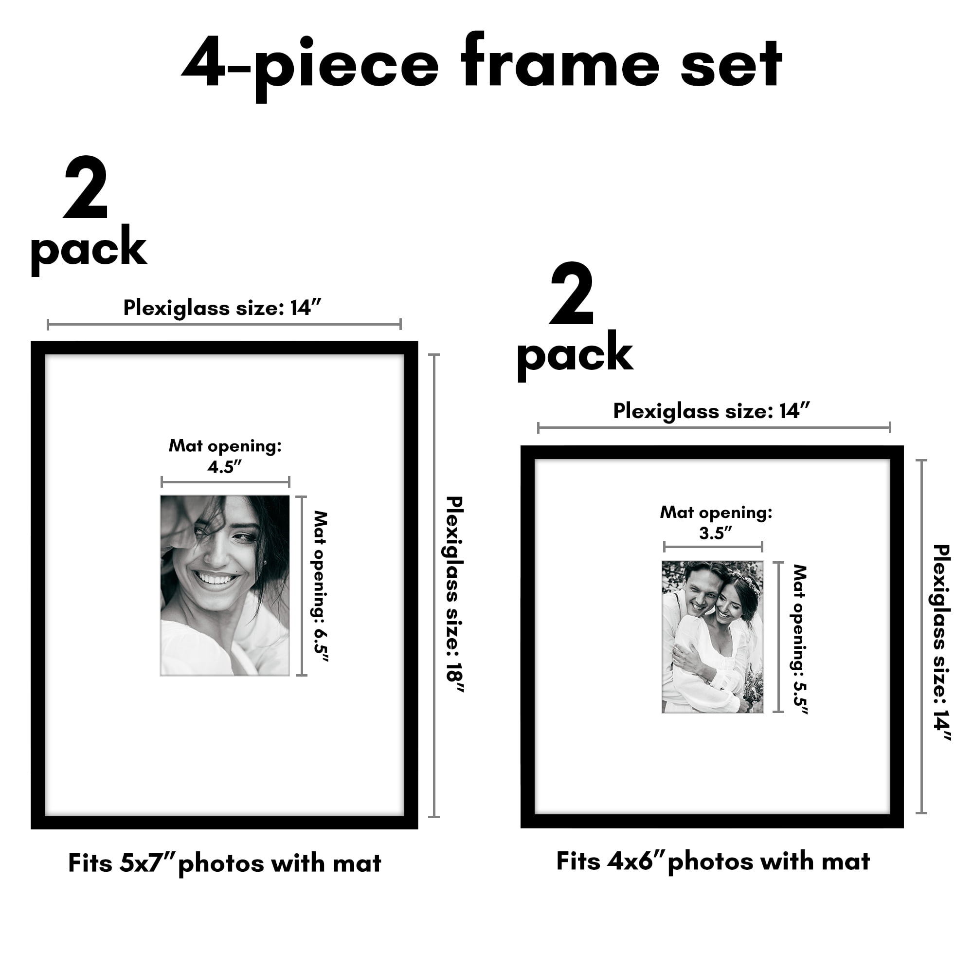 Americanflat Set of 4 Picture Frames Gallery Wall Frame 2 with 14x14 with 4x6 Mats and 2 with 14x18 with 5x7 Mat - Black