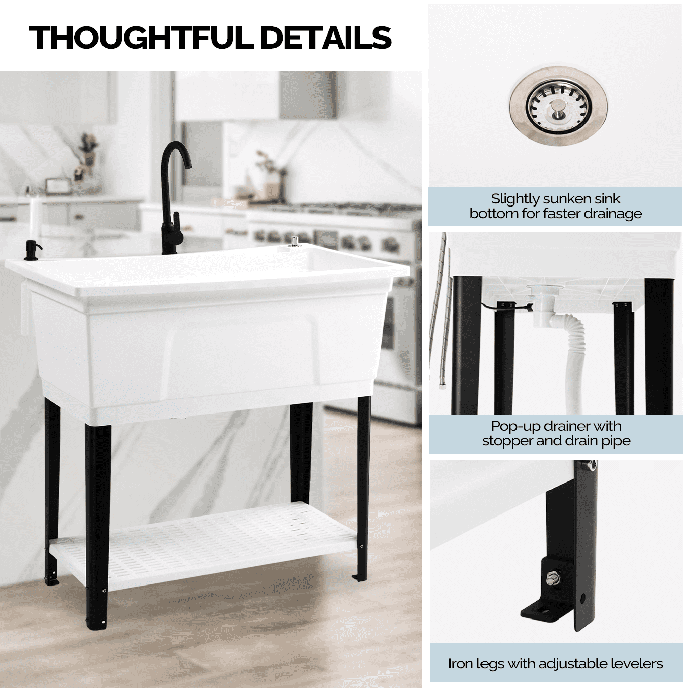 37-Gallon Freestanding Utility Sink with Faucet, 36" Heightened Basin for Laundry, Garage, Outdoor Garden, Pet Wash, Heavy Duty Plastic Laundry Tub with Storage Shelf, 40"L×24"W×36"H, White