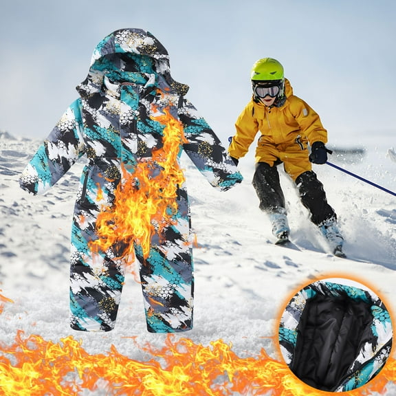 Hicidod Kids Girls Boys Ski Suit One Piece Hooded Snowboard Snowsuit Jumpsuits Coveralls Trendy Printed Waterproof Windproof Snow Suit