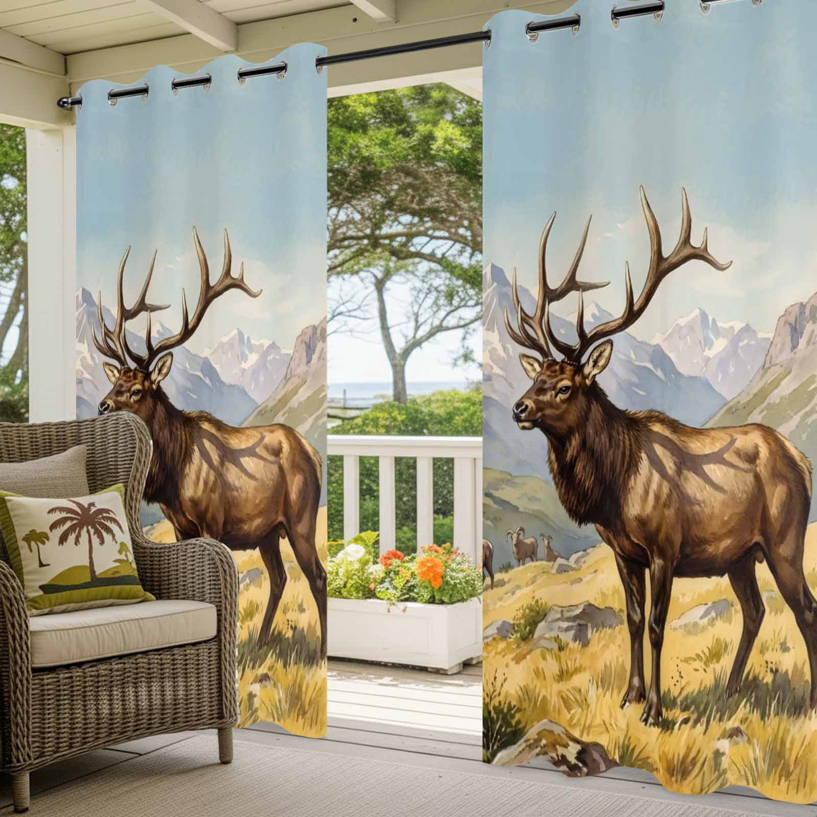 Majestic Elk Outdoor Curtains for Patio, Brown Wildlife Animal Rocks Snowcap Alpine Meadow Farm Sunshade Privacy Drapes Grommet Waterproof Outside Curtains for Porch/Cabana/Balcony 54"x 108", 1 Panel