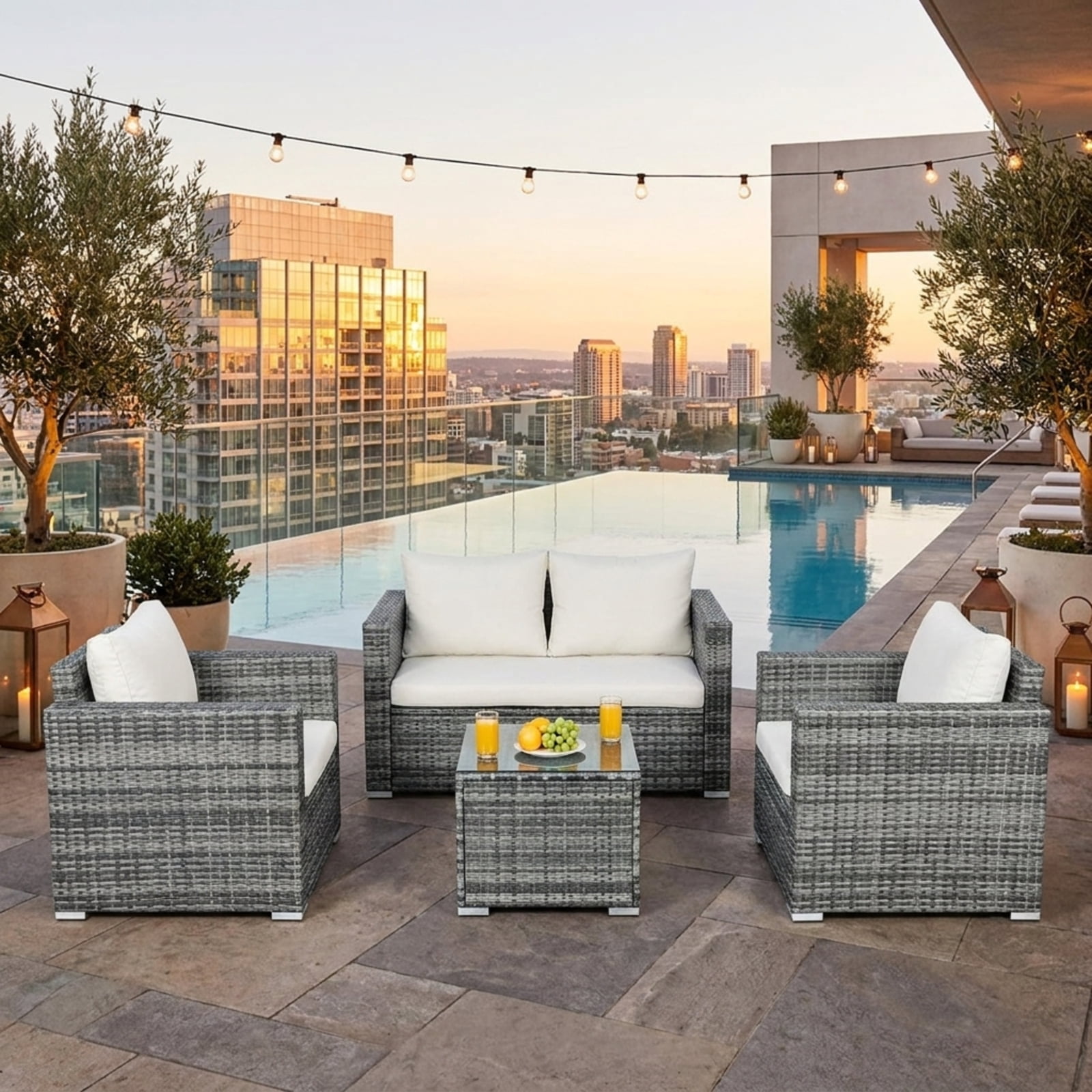 Biotree 3 Piece Patio Rattan Bistro Sofa Set outdoor conversation set with cushions and tempered glass coffee table for balcony garden and porch, White