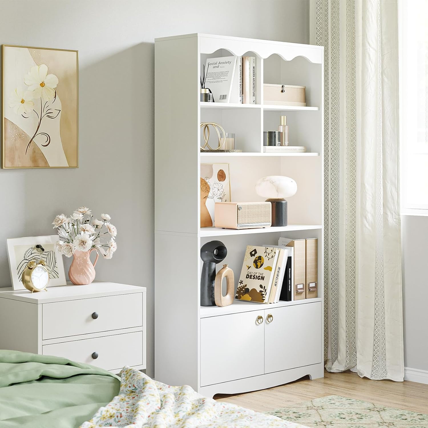 Jojoka 5-Tier White Bookcase, 63 Inch Tall Bookshelf with Open Storage Shelves & Doors, Modern Wooden Floor Standing Display Storage Shelves, Home Decor Furniture for Office, Living Room, Bedroom