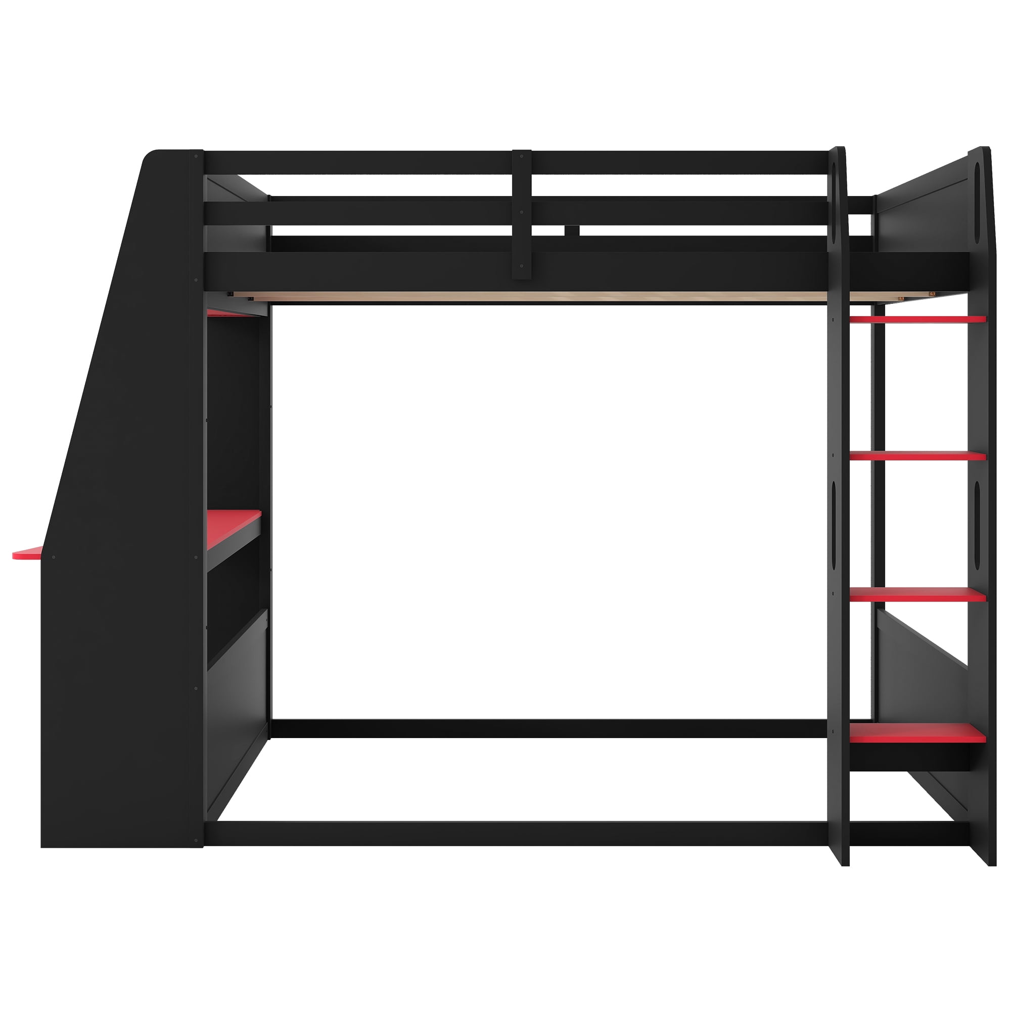 Euroco Wood Full Size Bunk Bed with Desk and Shelves, Gaming Bed with LED Light and USB Charging, Red