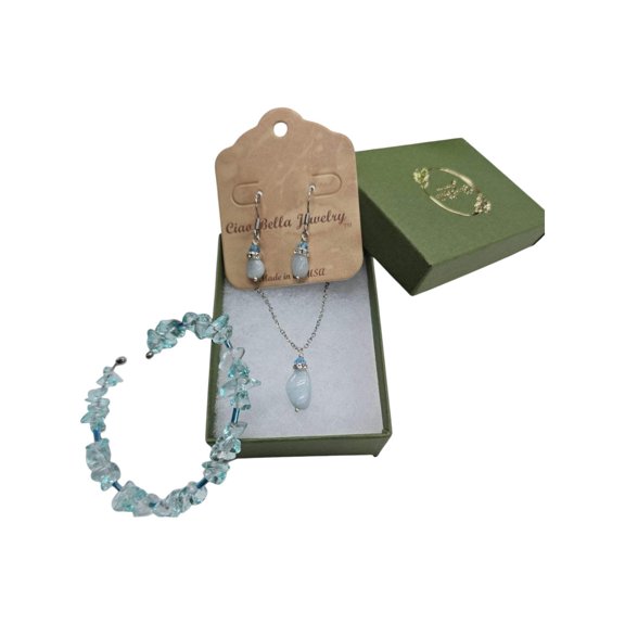 Aquamarine or Garnet Jewelry Set | Dangle Earrings, Necklace, Bangle | Gemstone Set